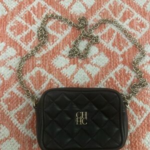 Carolina Herrera Black and Gold Crossbody Bag with Quilted Design